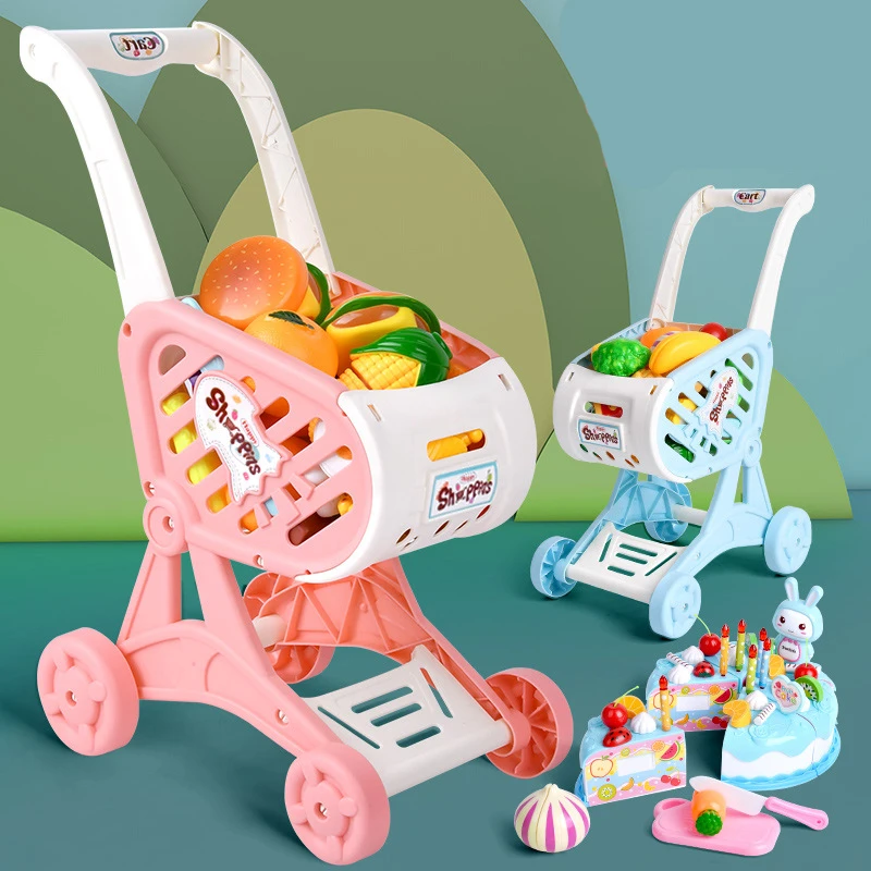 Baby toys supermarket with vegetables fruit blue shopping cart
