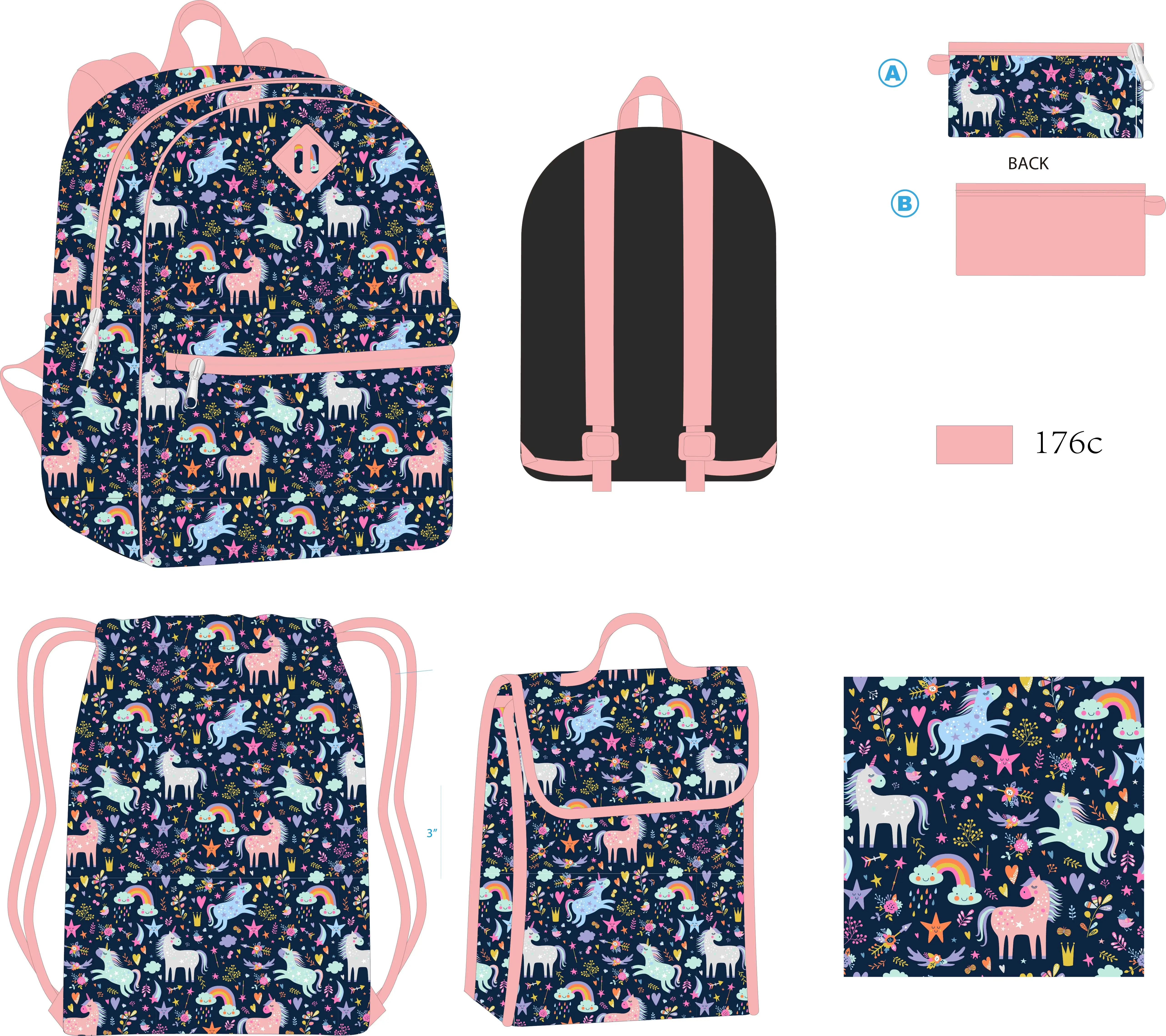 Custom High quality 5 in 1 sets kids back to school unicorn bag sets with lunch bag pencil case set bags 5 pieces