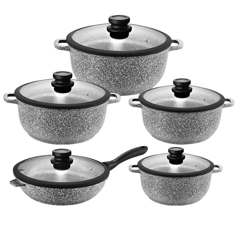 10Pcs Ceramic Coating Aluminum Cooking Pot Set Durable Die Cast Cookware Set In Kitchen With Marble Coating