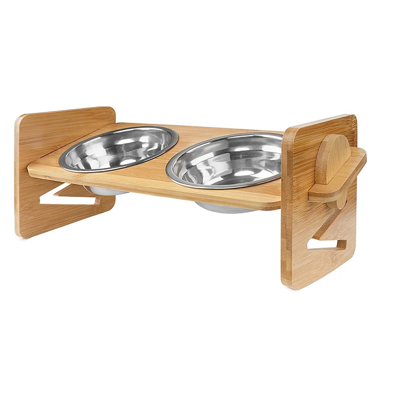 Wholesale Adjustable Bamboo Elevated Dog Bowls Elevated Dog Cat Food and Water Bowls Stand Feeder with 2 Stainless Steel Bowls