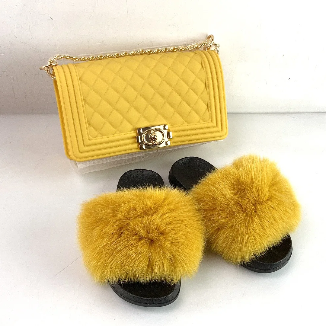 Luxury fur slides wholesale fluffy slider women jelly purse fox fur slippers real fur slides with purse set