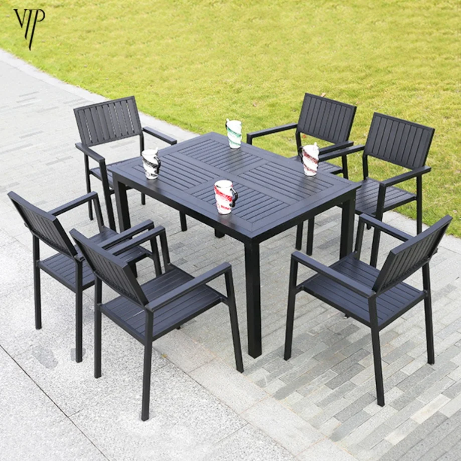 Rectangular french bistro table and chair modern Restaurant patio dinning set plastic wood top garden modern outdoor furniture
