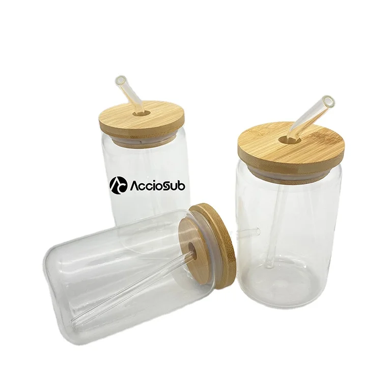 Top Popular New Design Heat Transfer Clear Can Craft Printing Photo DIY Bamboo Lid Jar Custom Sublimation Blank Glass Coke Can