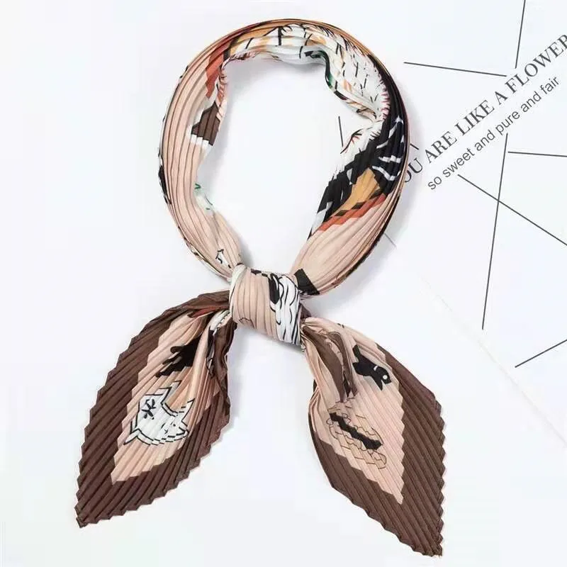 Womens Small Square Polyester Silk Feel Scarves All Four Seasons Pleated Neck Scarf