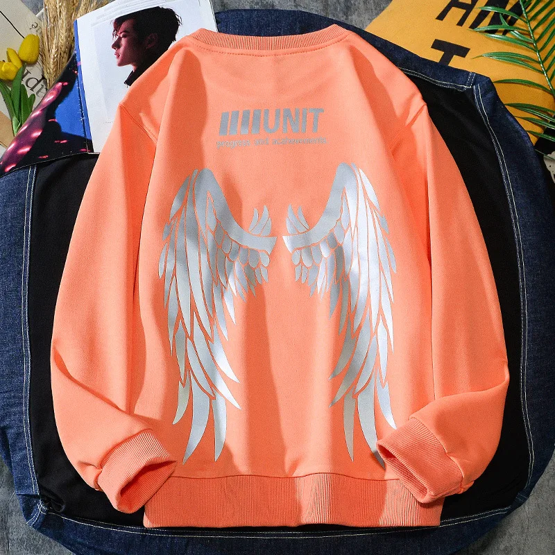 New Angel Wing Print Glow In The Dark Reflective Hoodies For Men Streetwear Zip Up Hoodie Fashion Oversized Sport Wear