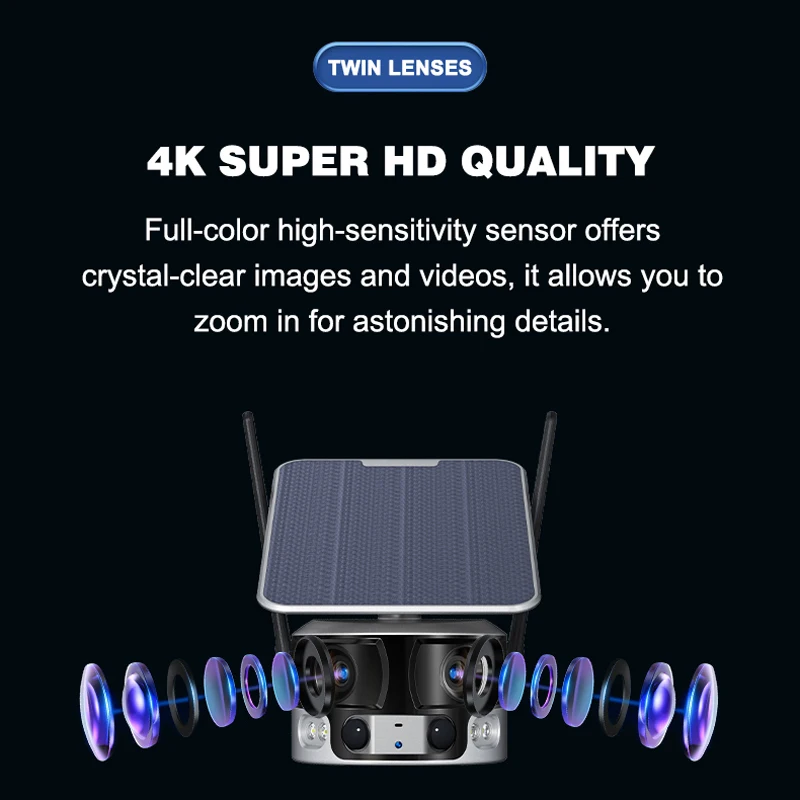 Dual Lens 4G 4K Solar Security Camera 8MP Wireless Outdoor Camera Rechargeable Battery Powered Color Night Vision 2-Way Audio