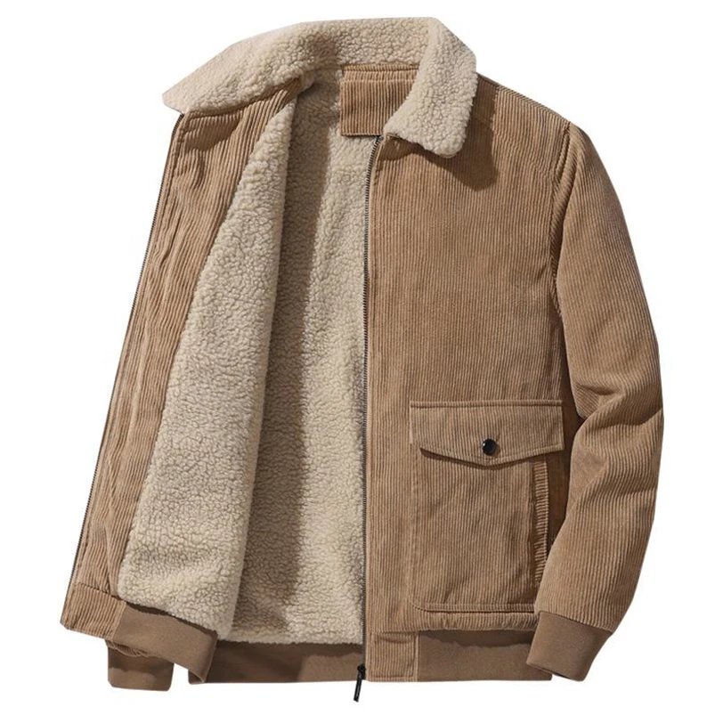 Wholesale new design winter sherpa with faux Fur Lining And Collar Solid Pocket Logo Customized Corduroy Jackets for men