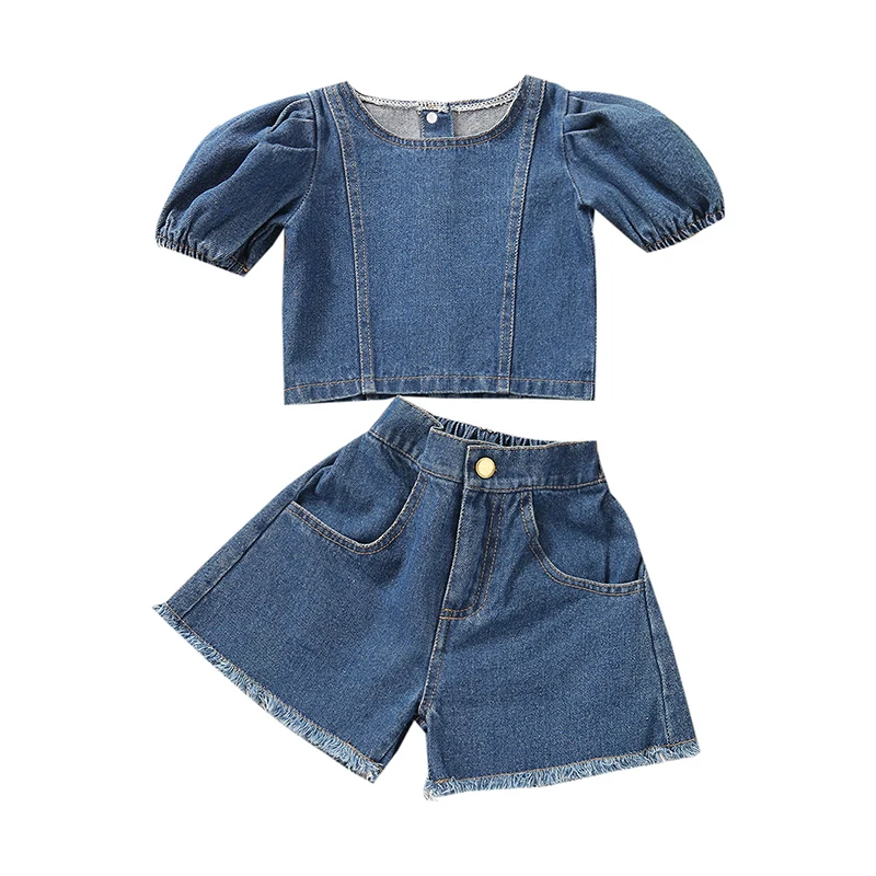 New arrive denim fabric short style girls summer clothes two piece children clothing sets