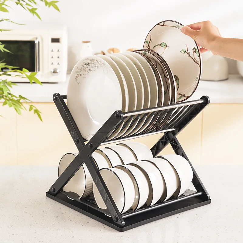 X-Type Plastic Double-Layer Kitchen Bowl Rack Multi-Functional Dish Storage and Tray Drain Holder for Tableware