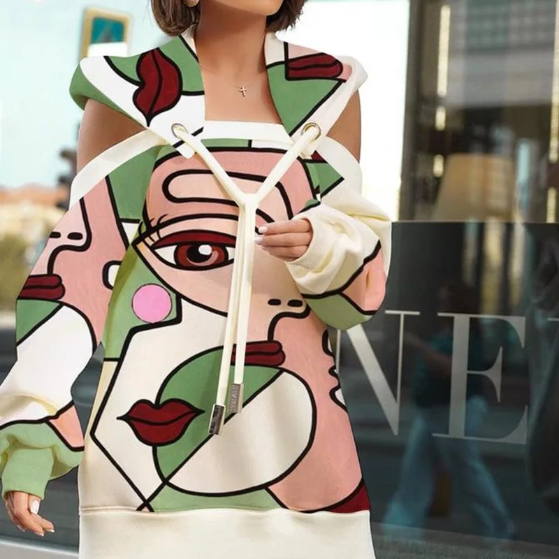 Осенне-зимний новый женский топ с принтом средней и длинной прострочкой свитер с открытыми плечами и капюшоном с длинными рукавами