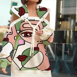 Осенне-зимний новый женский топ с принтом средней и длинной прострочкой свитер с открытыми плечами и капюшоном с длинными рукавами