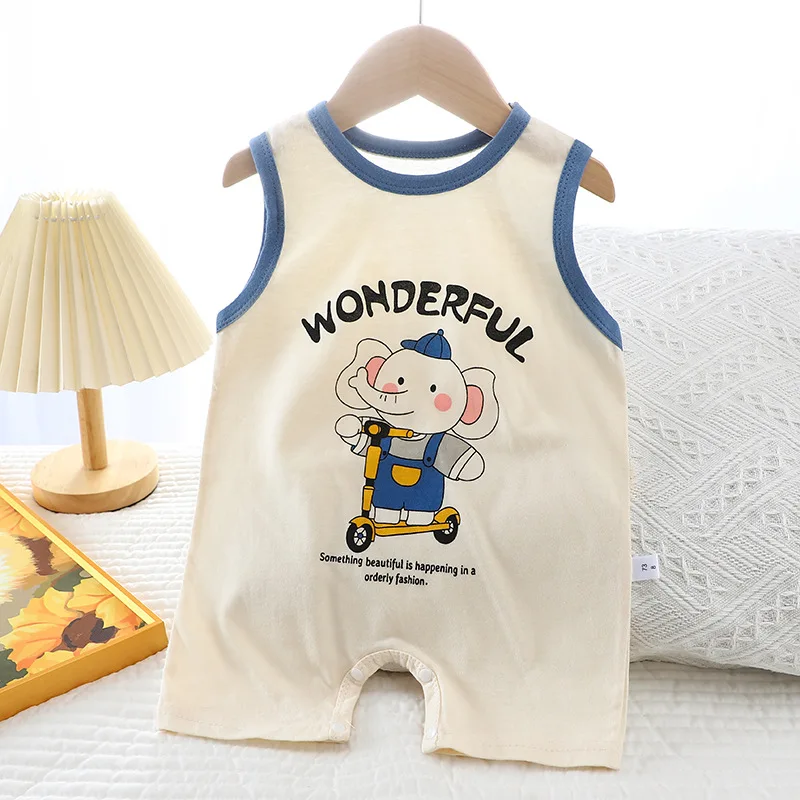 0-1Hot Sell Summer Baby Korean Version Fashion Romper Baby Cartoon Print Cute Cotton Romper Baby Sleeveless Button Thin Jumpsuit