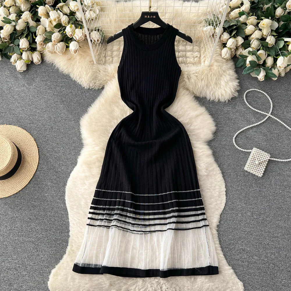 2023 Summer Sling Sexy Ins Dress Female Ice Silk A Word With Ice Silk Sleeveless Base Knitted Long Dress