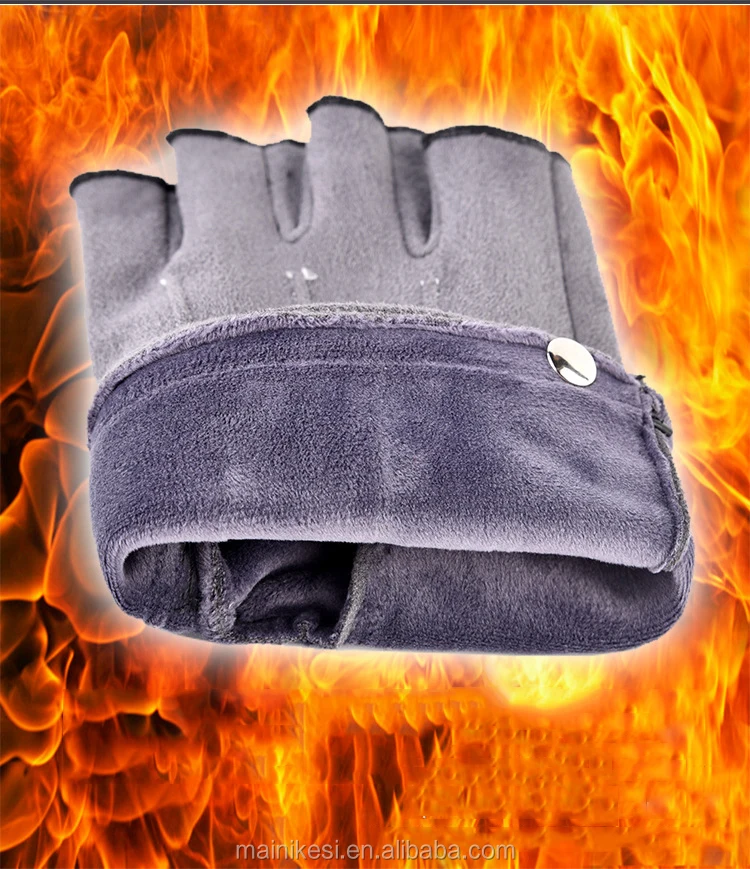 Suede half-finger thermal gloves for men winter writing students thickened with fleece driving gloves