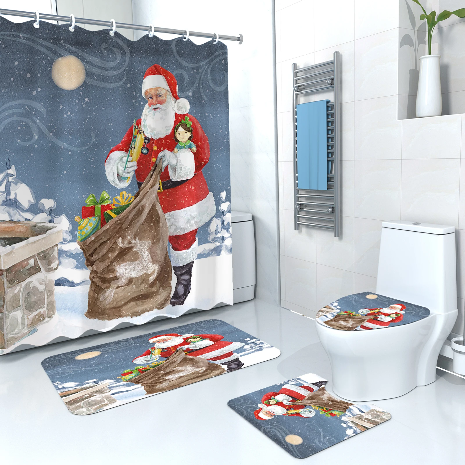 Customized Christmas Bathroom Sets 4-PC Christmas Shower Curtain Shower Bath Mat Set