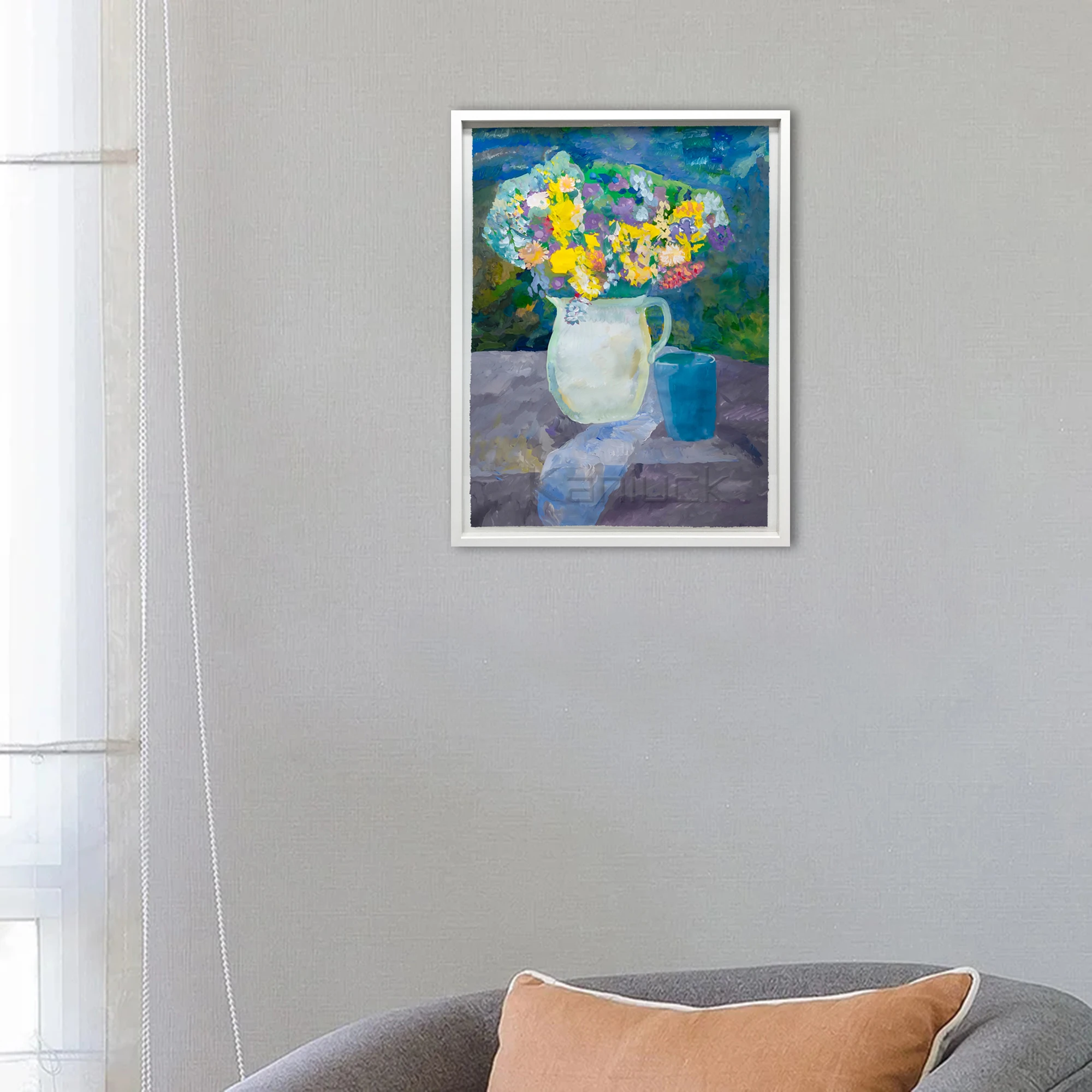 Bouquet Of Colorful Flowers In A White Ceramic Pitcher Art Canvas  Art Print On Canvas Painting Art Hot Selling