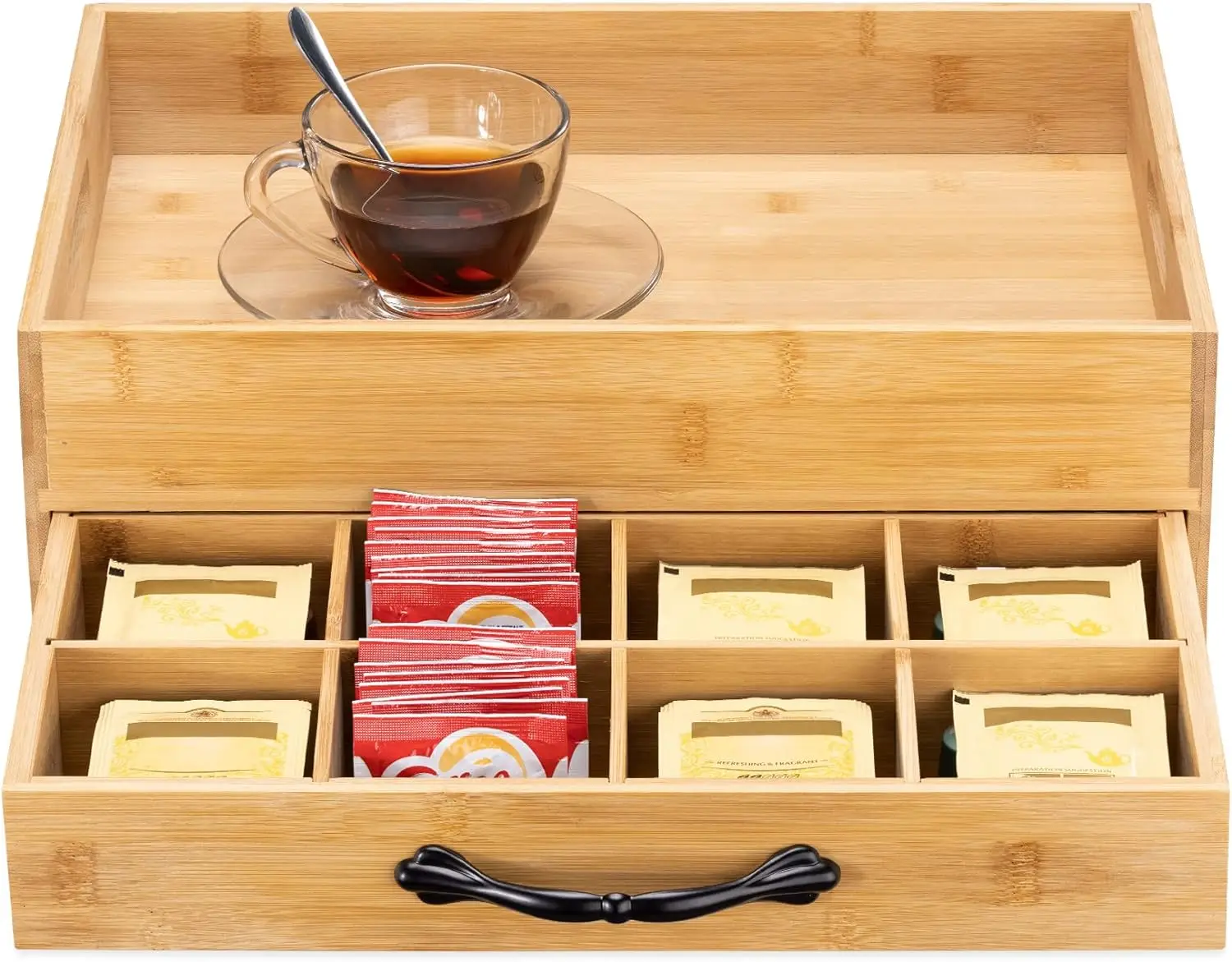 Bamboo Tea Box and Serving Tray with Storage for Tea Bags Organizer Drawer 12 Compartment Tea Storage with Carry Tray