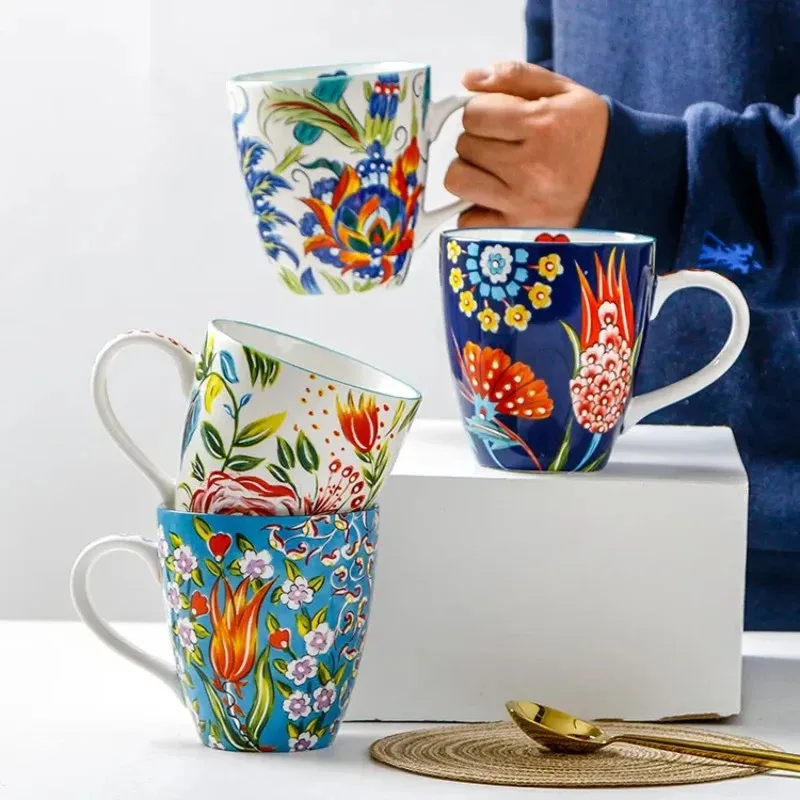 Wholesale bone china ceramic mug porcelain coffee cup with custom pattern full floral design with handle