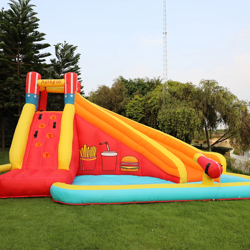 Красный надувной бассейн с надувной горкой для бургеров, картошки фри, колы, надувная горка, водная горка, прыгающий замок с нагнетателем