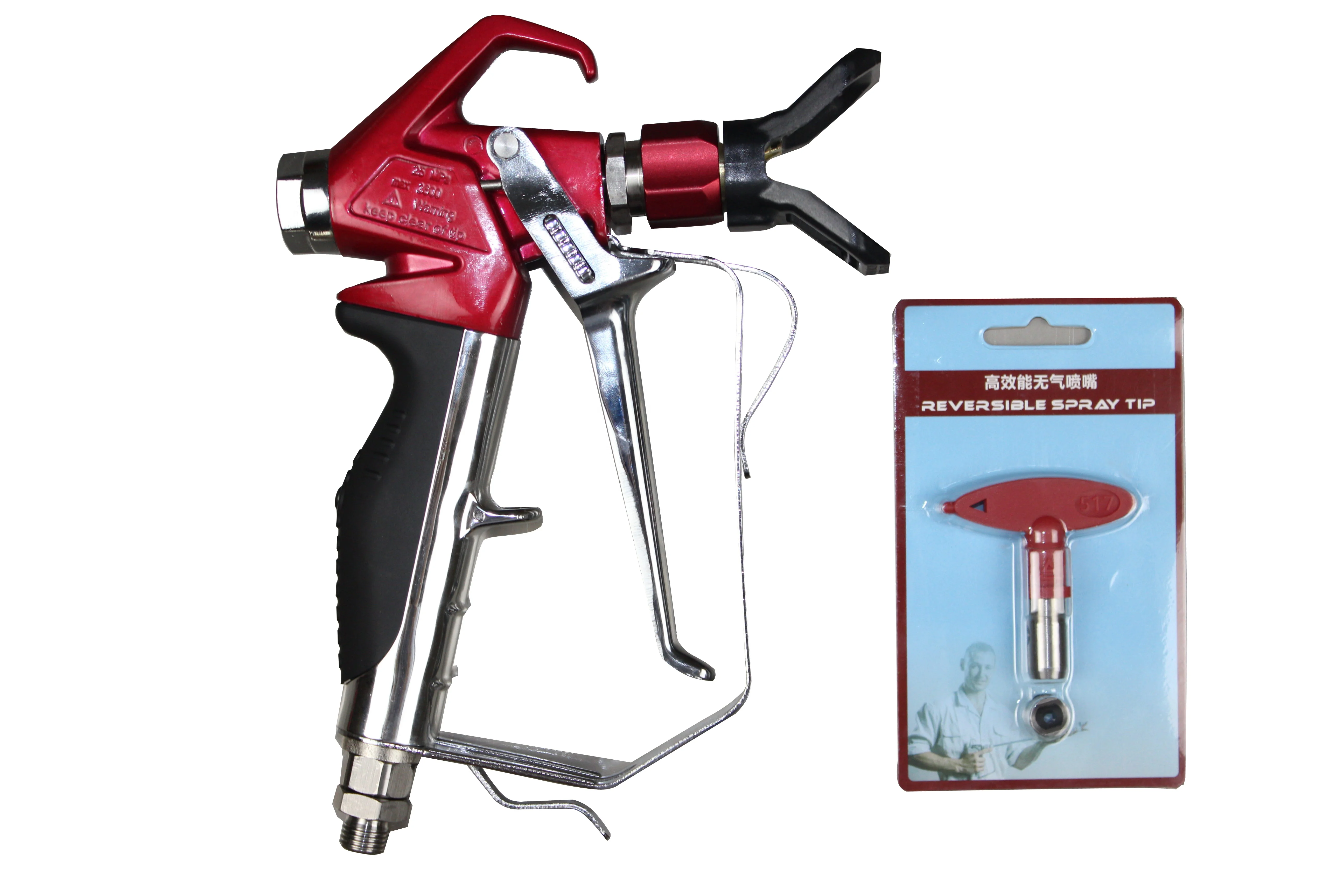 Airless paint spray gun with spray tip and tip guard