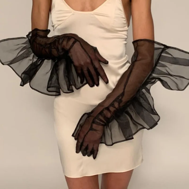 Elegant Big Puff Sleeves Polka Long Gloves Women Formal Prom Lace Gloves Stretchy Full Finger Mittens Tulle Mesh Arm sleeve