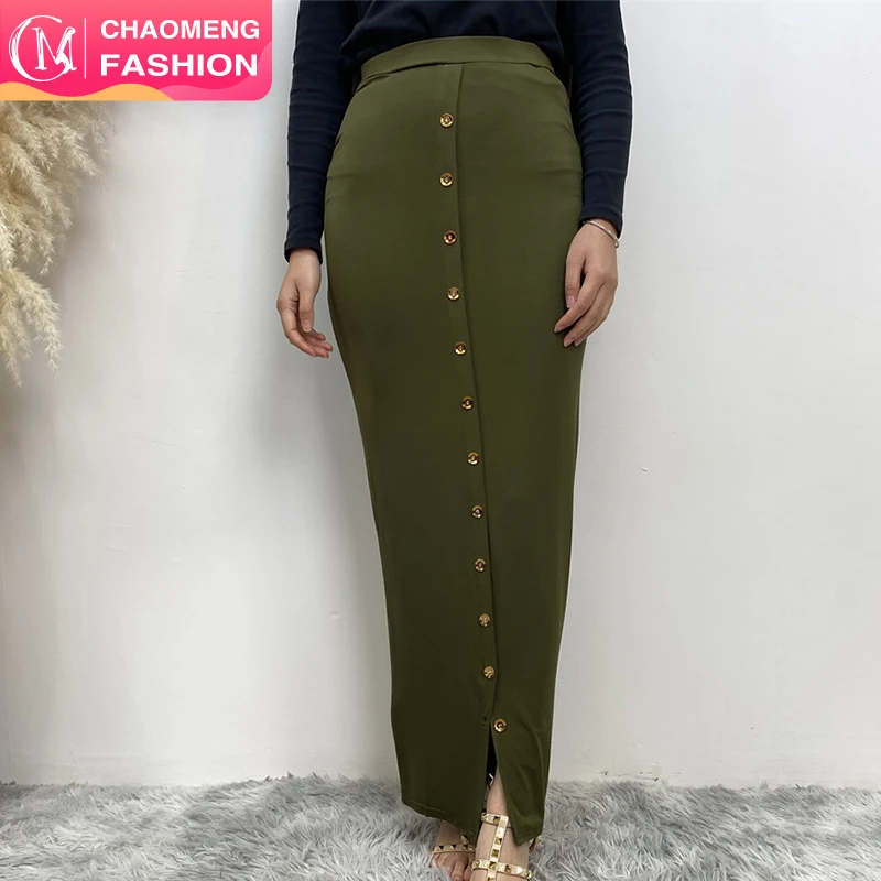 6060# Full stretchy model cotton summer mini skirt floor length islamic women office pencil skirts with gold decorative buttons