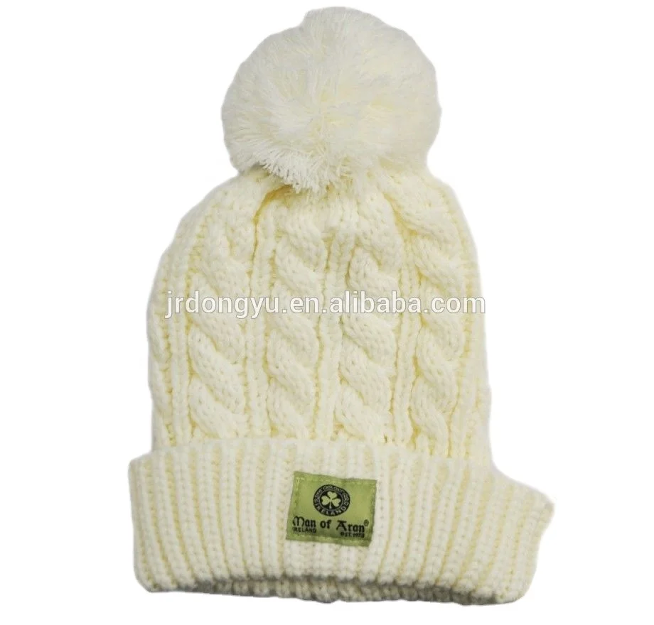 custom mens  solid acrylic cable knit bobble hats beanie with woven label