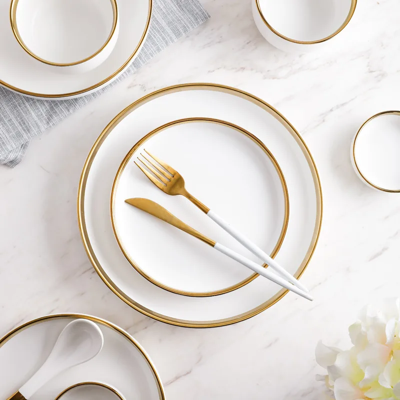 Gold Rimmed Porcelain 3pcs Plate Set Porcelain Ceramic Spoon Saucer Bowl  Dinner Set With Gift Box