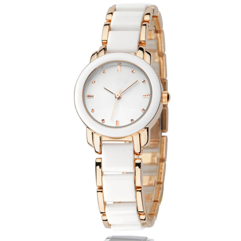 Stainless steel japan quartz movement crystals white black and pink color strap minimalist women white ceramic watch