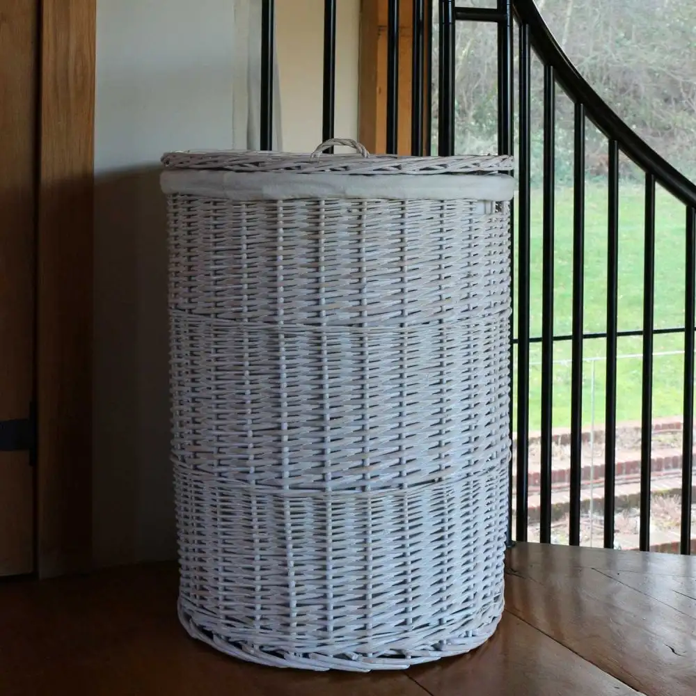 Cheap Large Round White Wicker Storage Basket Laundry Basket With Lid With Fabric