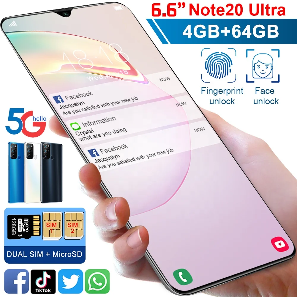 Глобальный смартфон Note20 6 дюйма HD распознавание лица Распознавание отпечатков пальцев мобильный телефон