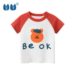 Fashion 2021 Summer Tomato Red Color Bear Printed Kids Girl Cotton T Shirt