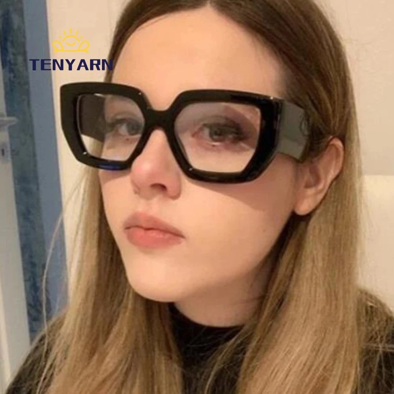 Tenyarn Vintage Square Big Frame Glasses Fashion Anti Blue Light Female Wide Leg Transparent Optical Green Eyeglasses