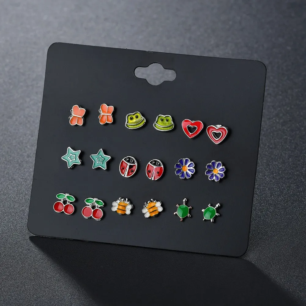
9 Pairs/Set Plant Fruit Animal Stud Earrings For Mix Gifts Women Girls Kids Jewelry Cute Earring Set 