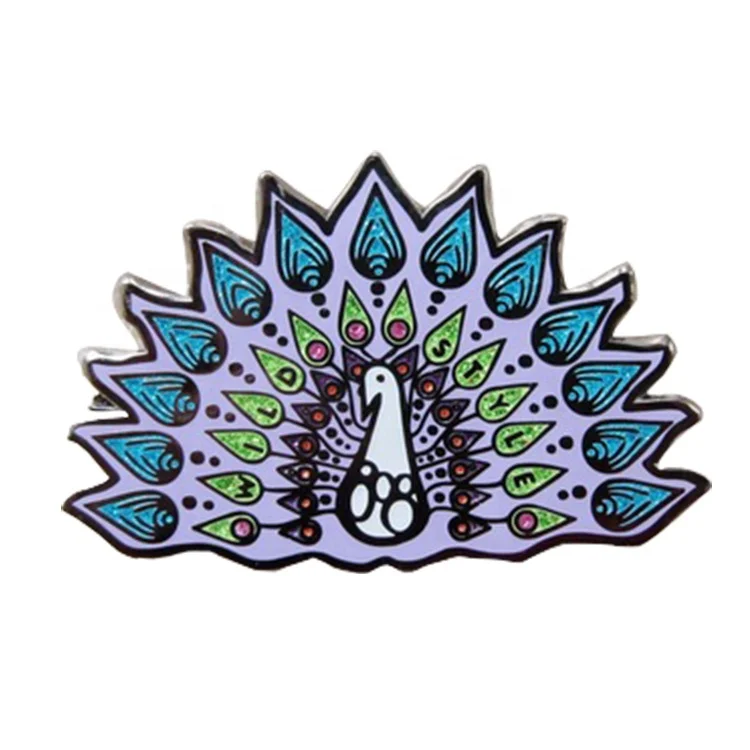 Custom made beautiful purple peacock lapel pin brass peacock brooch with colorful glitter on wing animal brooch for women