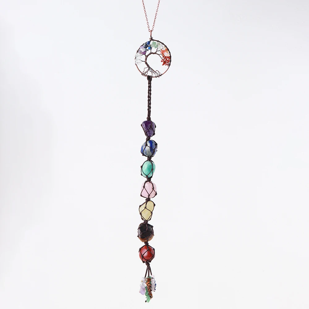 Natural Crystal Gemstone Car Accessories Amethyst Pendants Semi-Precious Crafts 7 Chakras Stones Healing Crystals Tree of Life