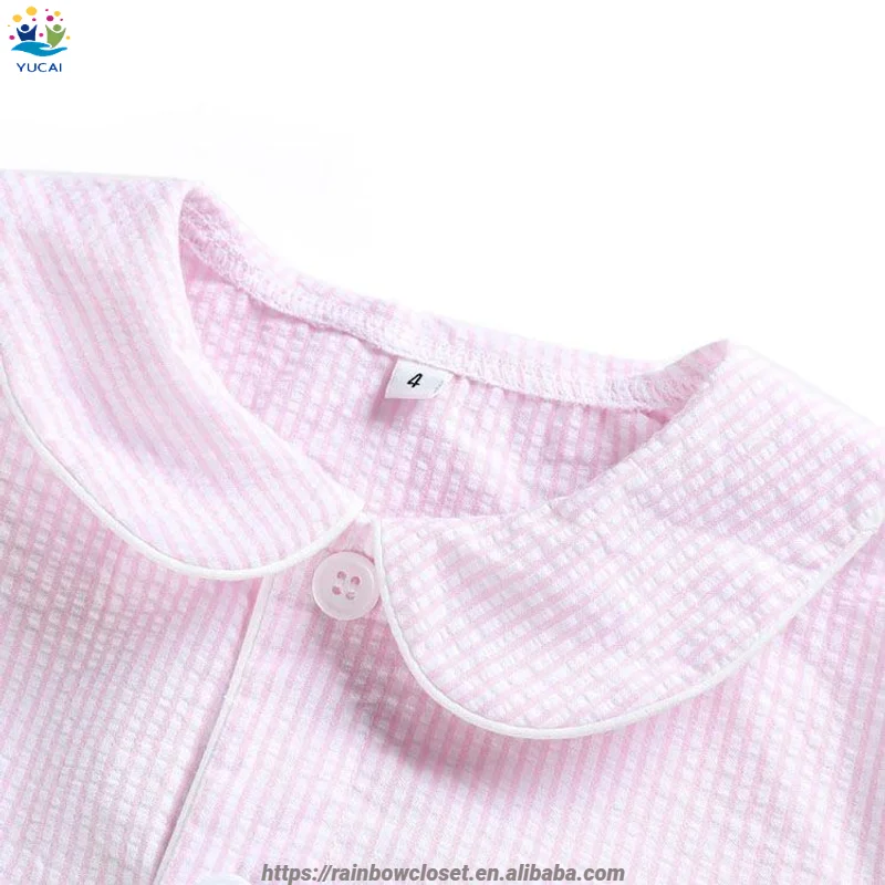Children Girls Custom Design Ruffle Collar Shirts and Pants Set Kids Gingham Cotton Vintage Home Sleep Wear