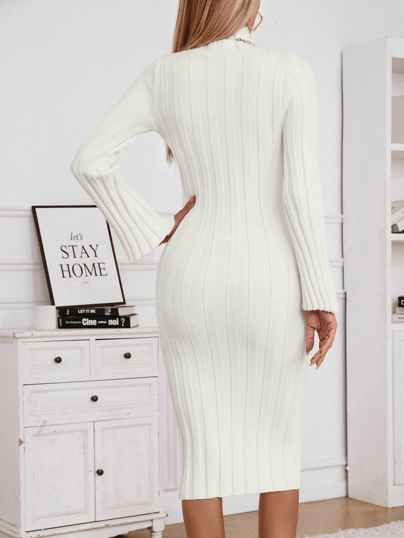 Autumn and winter new casual fashion high neck woolen dress Knitted long tight fitting high elasticity dress