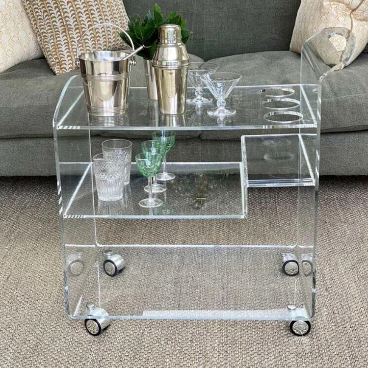 2022 современный дизайн прозрачный акриловый 3 яруса кружевных отель прокатки тележка для напитков бар, выступающей с колесами