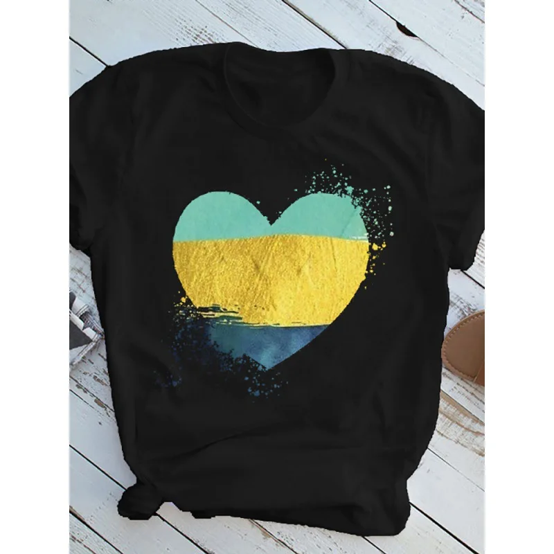 Heart Print Ladies T-shirt Ladies Casual Basis Graphic O-collar White Shirt Short Sleeve Ladies Love Oversized Printing T-shirt