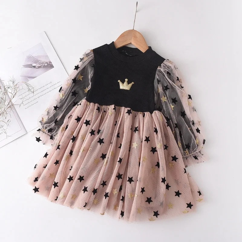 Toddler Kids Baby Girls Princess Dress Long Sleeve Crown Star Gown Ball Holiday Party Dresses Autumn spring Cute Clothes
