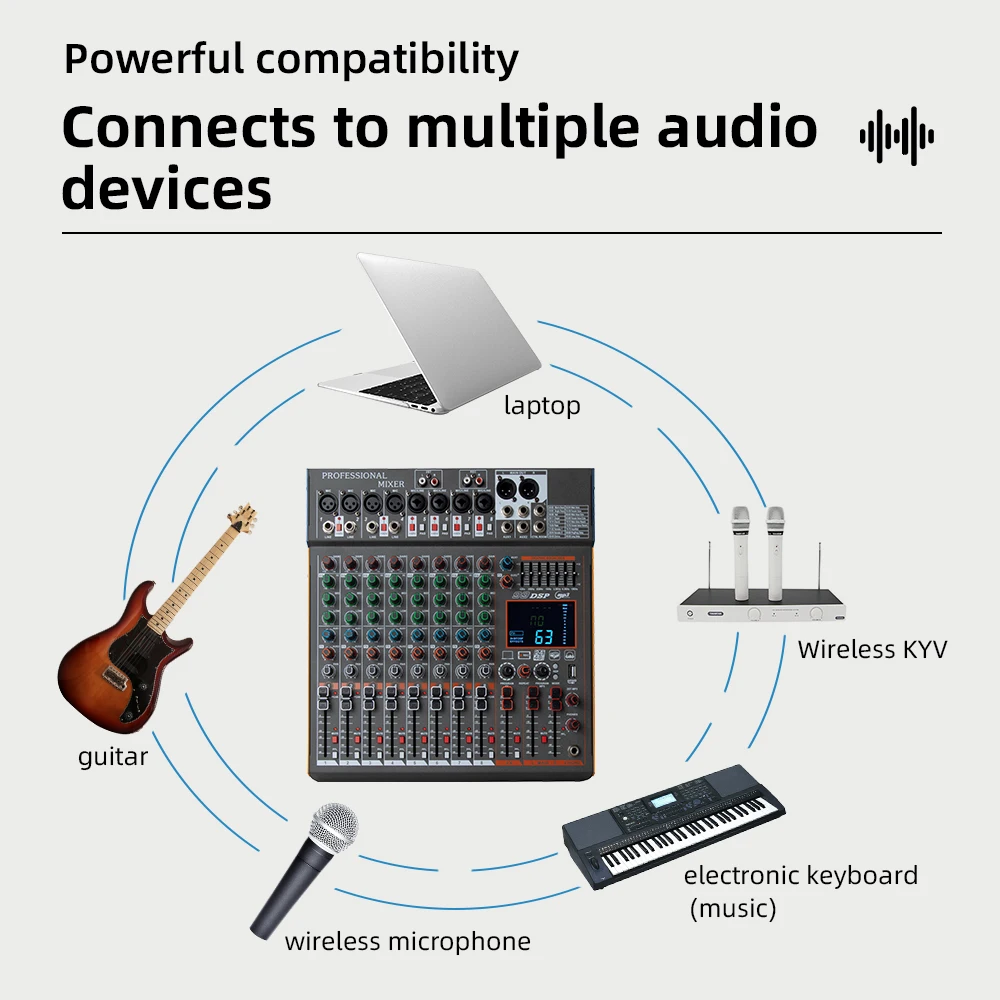 8 Channel Mixing Console USB Bluetooth Reverb Monitor Mic Input Mixer with LED Display 99 DSP Effects MP3 Player DJ Controller
