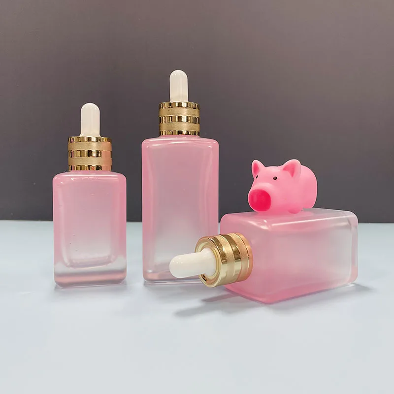 10ml 30ml 50ml 75ml 100ml Luxury facial serum oil packaging matte pink frosted square glass dropper bottle