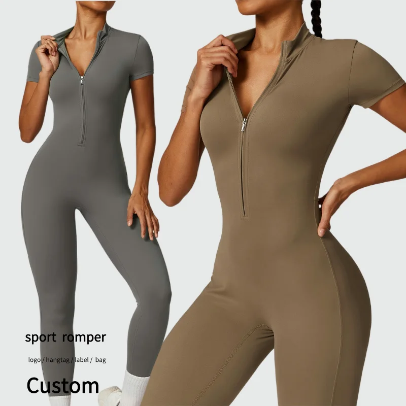 Wholesale Sports Wear Jumpsuit With Zip Front One-Piece Yoga Overalls Women Active Dancing Gym Training Fitness Jumpsuits