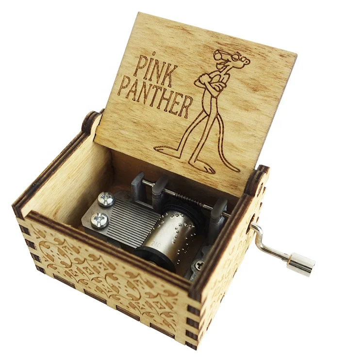 Wholesale 18 Notes Hand Crank Wooden Engraved Pink Panther Theme Music Box