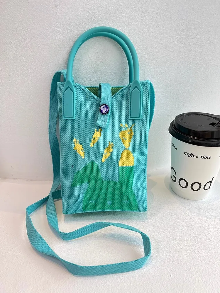 ChanBol New Design Travel Tote Bag Cartoon Cat Outgoing Knitted Crossbody Wallet Tote Bag With Pocket