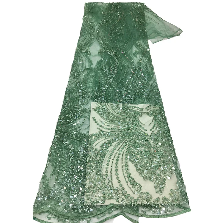 Aseobi Green Nigerian Beads Lace Fabric Embroidered Fringe Fabric Wedding Lace