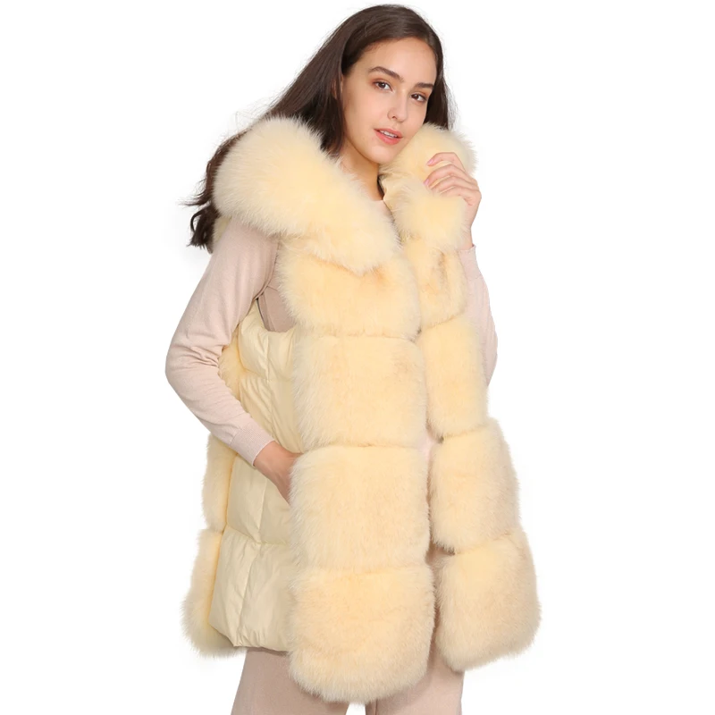 
New Arrival Real Fox Fur Hood Vest Women Fashion design Gilet White Duck Down Filling Fur Long Vest  (62275349148)