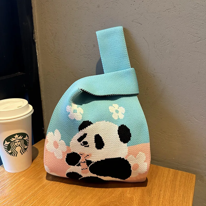 Promotional cheap gift custom small knit bag different cute pattern knitted wrist handbag knit tote woven knot bag