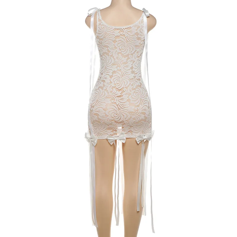 DG5313C Sexy Bow Ribbon Dress Summer Women See Through Chic Hem Coquette Concert Birthday Party Clubwear Evening Mini Bodycon